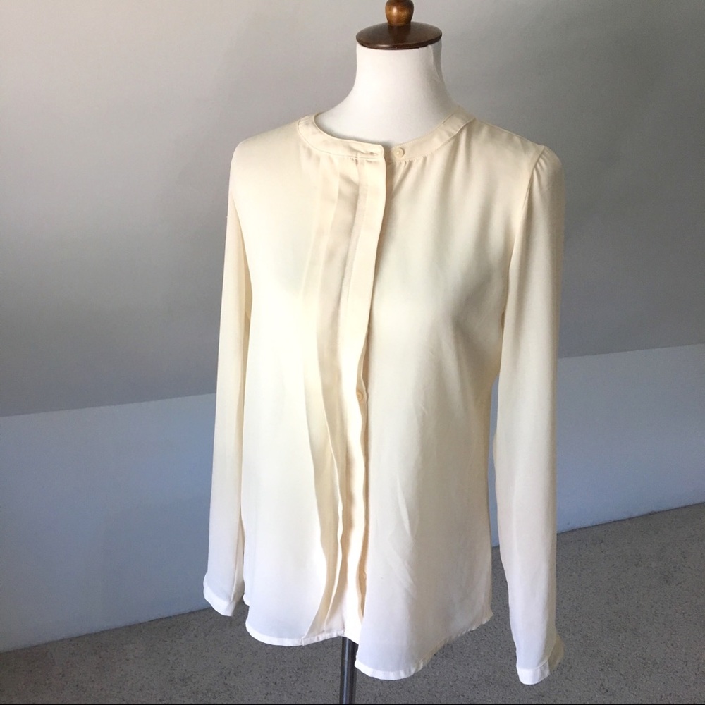 Sheer Silk Asymmetrical Collar Ruffle Button Down
